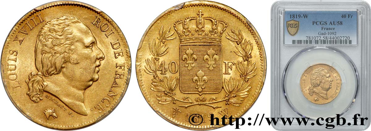 40 francs or Louis XVIII 1819 Lille F.542/9 SUP58 PCGS