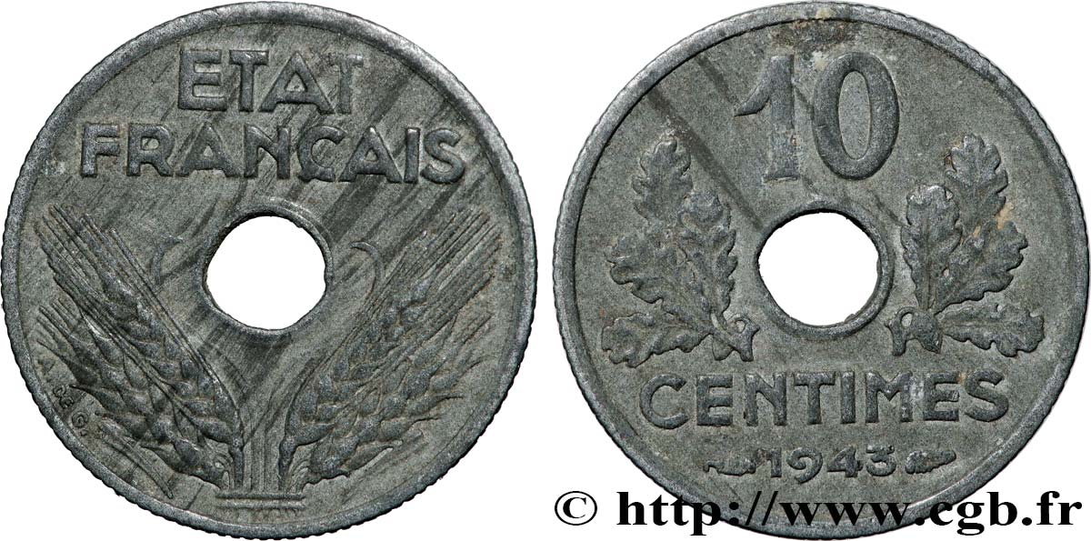 10 centimes État français, petit module 1943  F.142/2 TTB+ 