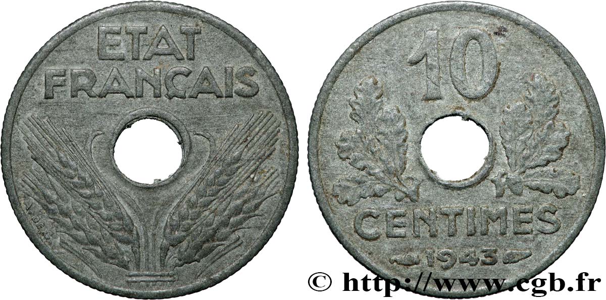 10 centimes État français, petit module 1943  F.142/2 TTB+ 