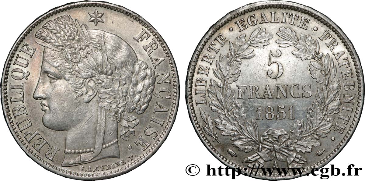 5 francs Cérès, IIe République 1851 Paris F.327/7 TTB+ 