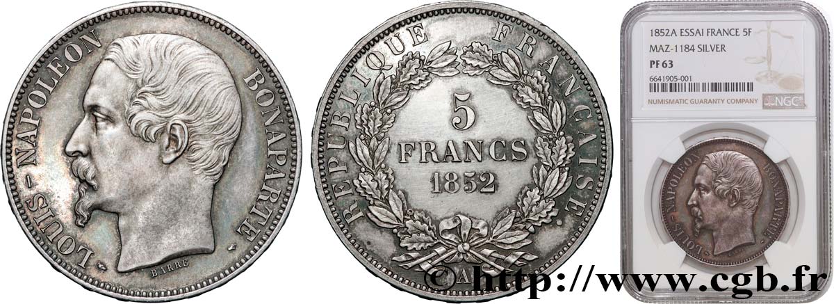 Épreuve de 5 francs Louis-Napoléon, Flan Bruni 1852 Paris Maz.1184  MS63 NGC