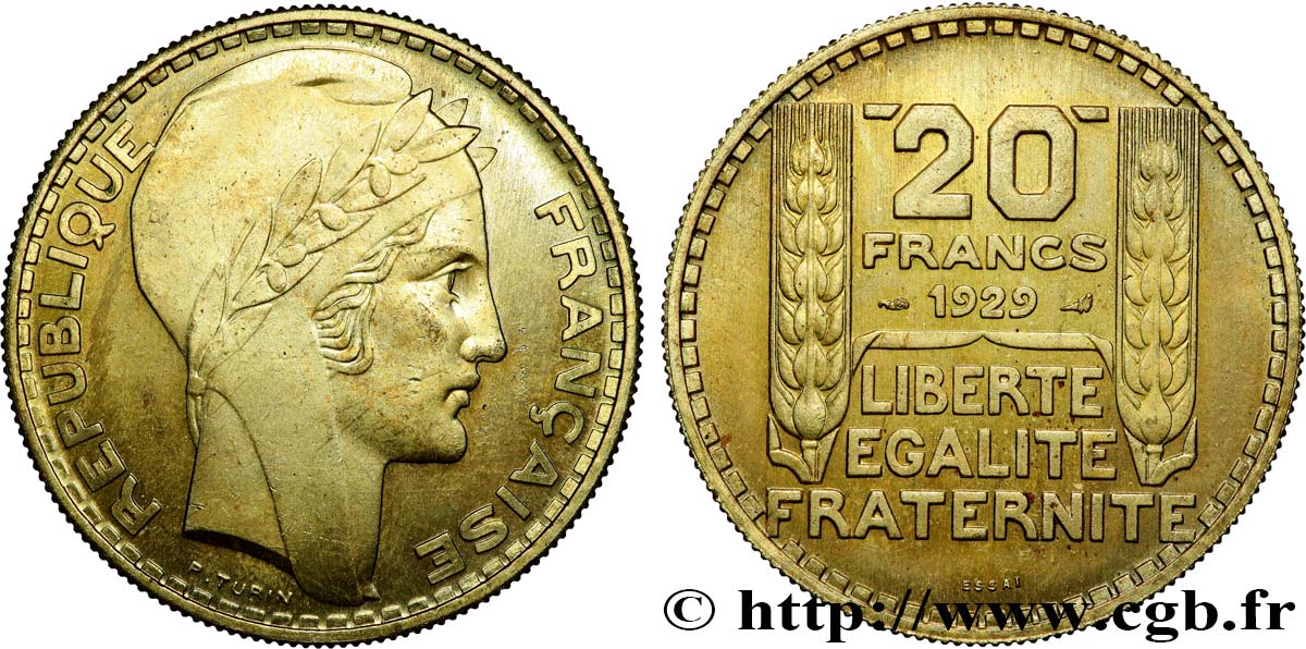 Essai de 20 francs Turin en bronze-aluminium 1929 Paris GEM.199 5 MS62 