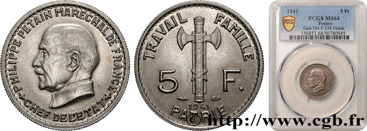 5 francs Pétain 1941  F.338/2 MS64 PCGS