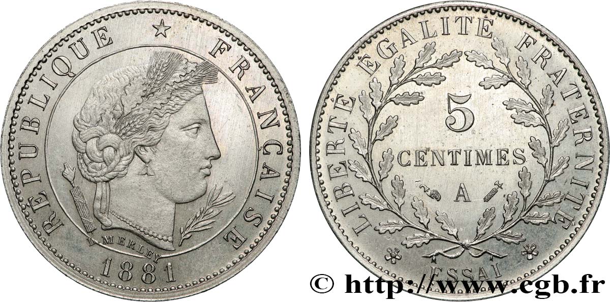 Essai de 5 centimes Merley 1881 Paris GEM.12 1 MS63 