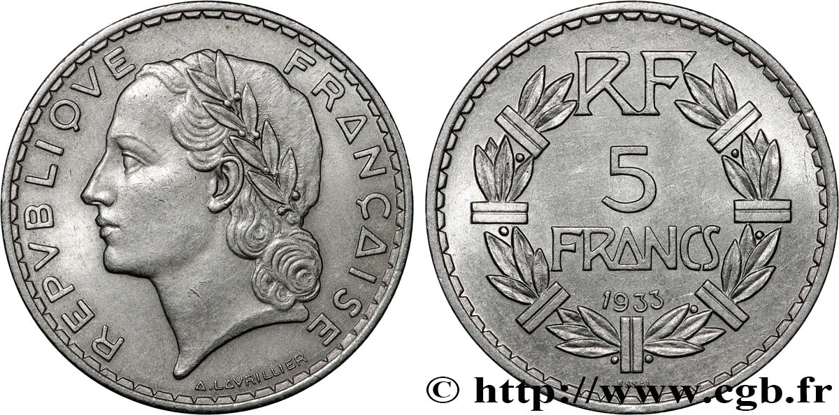 Concours de 5 francs, essai de Lavrillier en nickel, sans différents 1933 Paris GEM.137 8 MS61 