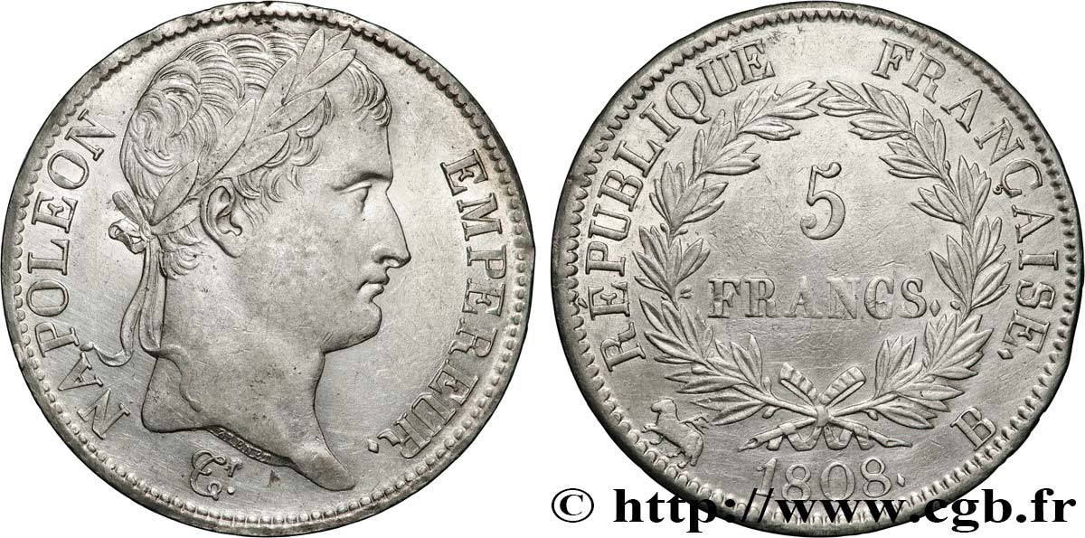 5 francs Napoléon empereur, République française 1808 Rouen F.306/3 AU 