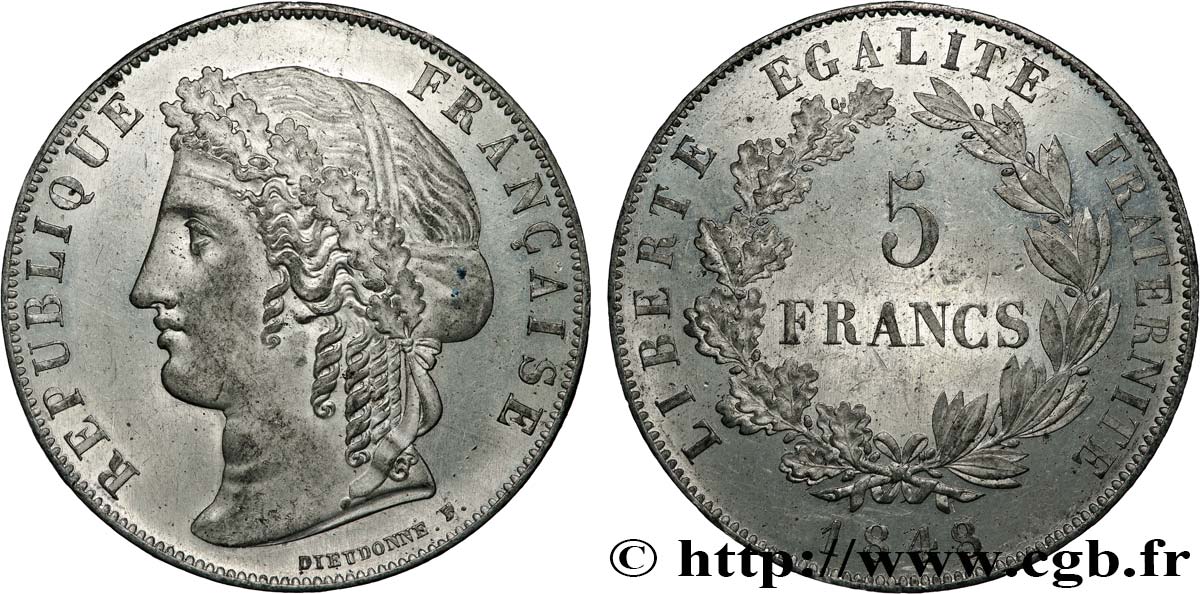 Concours de 5 francs, essai de Dieudonné 1848 Paris VG.3069 var. SUP62 