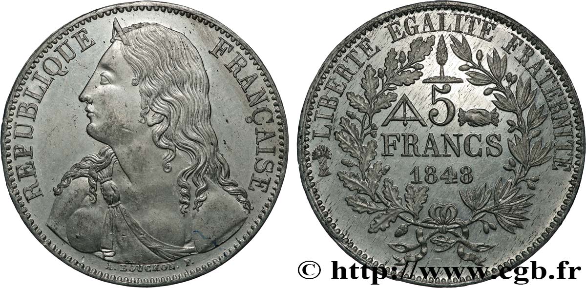 Concours de 5 francs, essai en étain par Bouchon 1848 Paris VG.3064 var. MS62 