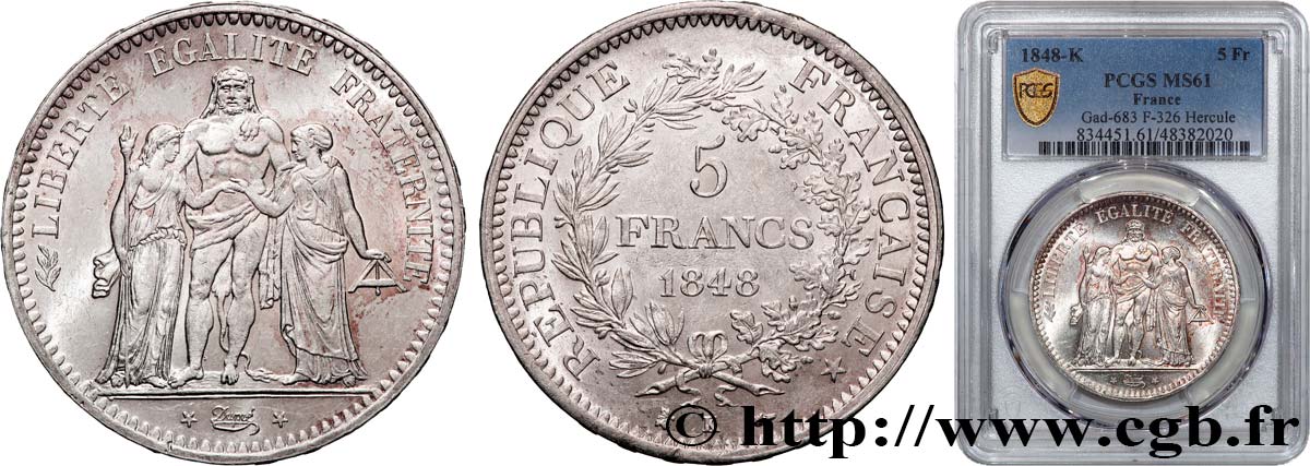 5 francs Hercule, IIe République 1848 Bordeaux F.326/4 MS61 PCGS