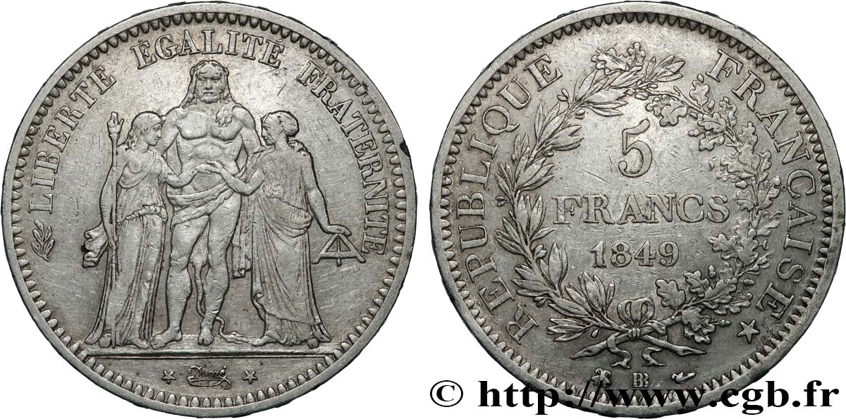 5 francs Hercule, IIe République 1849 Strasbourg F.326/6 XF 