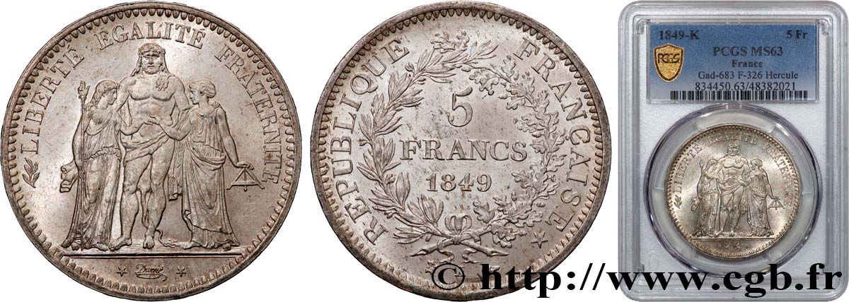 5 francs Hercule, IIe République 1849 Bordeaux F.326/7 MS63 PCGS