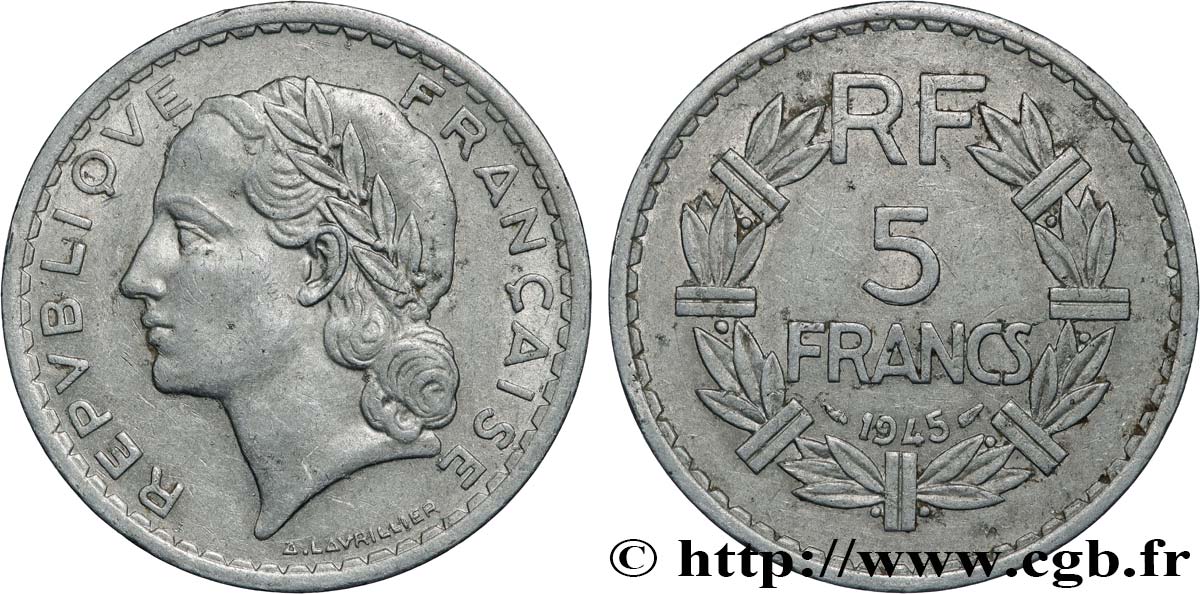 5 francs Lavrillier, aluminium, 9 ouvert 1945  F.339/3 XF 