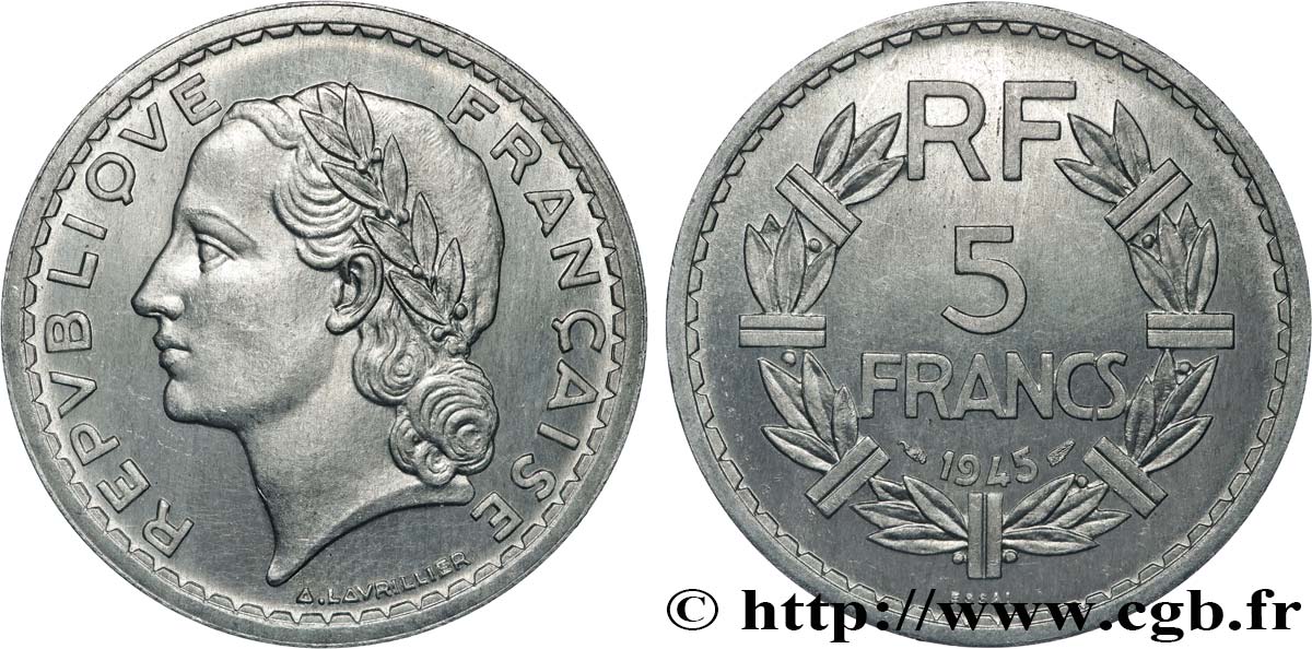 Essai de 5 francs Lavrillier, aluminium 1945  F.339/1 SPL64 