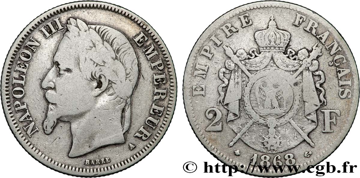 2 francs Napoléon III, tête laurée 1868 Paris F.263/8 TB 