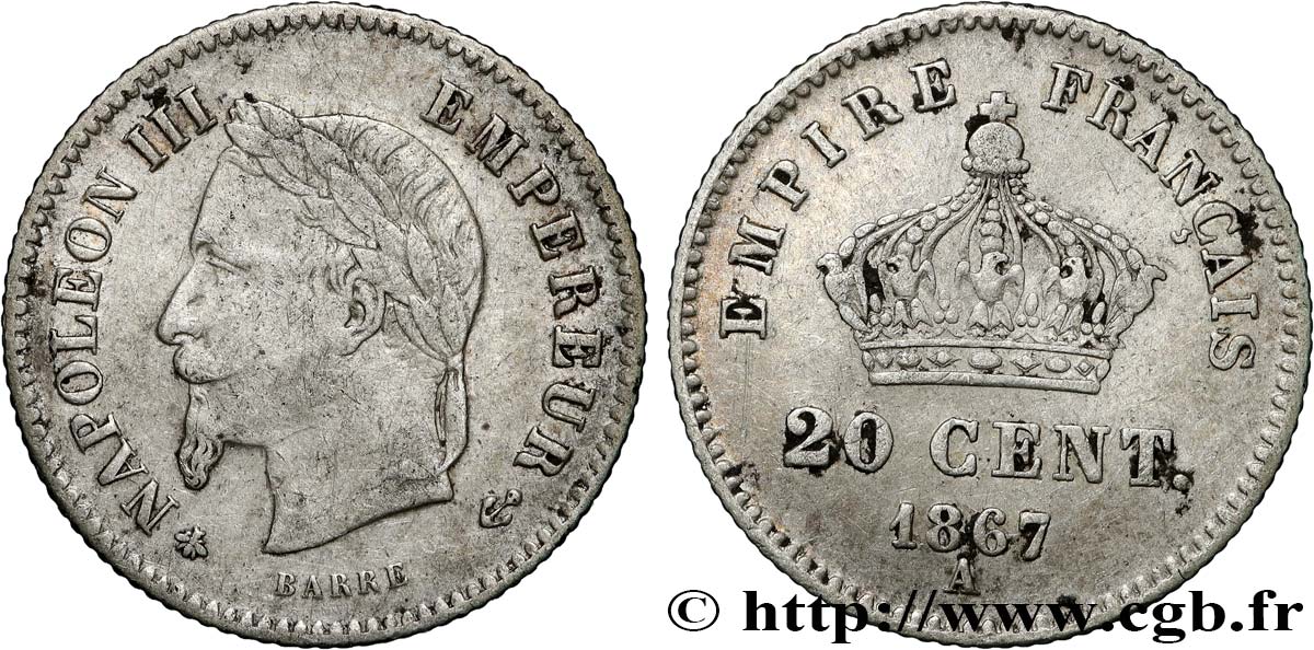 20 centimes Napoléon III, tête laurée, grand module 1867 Paris F.150/1 BB 