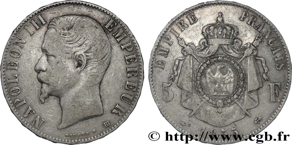 5 francs Napoléon III, tête nue 1855 Strasbourg F.330/4 TB 