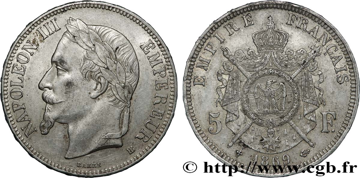 5 francs Napoléon III, tête laurée 1869 Strasbourg F.331/15 MBC53 