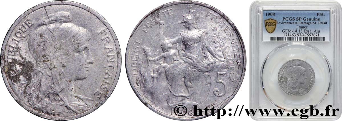 Essai de 5 centimes Daniel-Dupuis, en aluminium 1908 Paris GEM.14 18 TTB+ PCGS