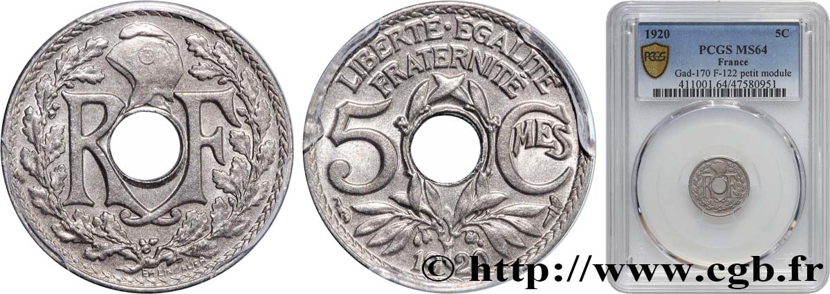 5 centimes Lindauer, petit module 1920  F.122/2 SPL64 PCGS