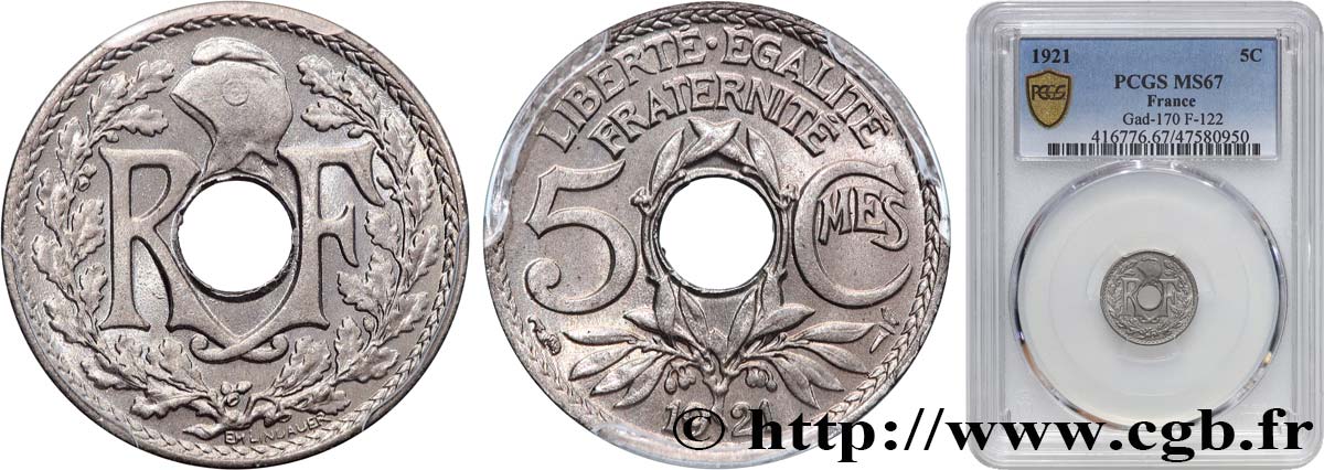 5 centimes Lindauer, petit module 1921 Paris F.122/3 FDC67 PCGS