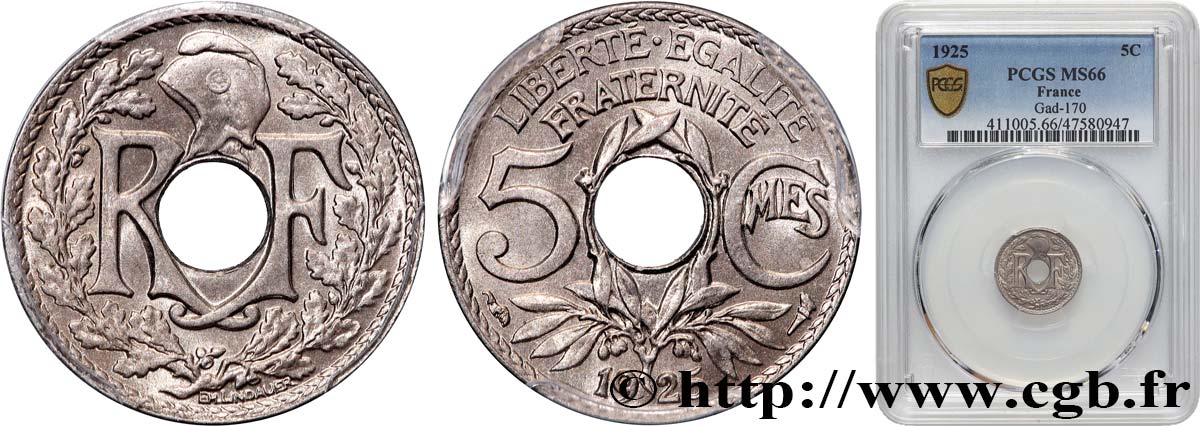 5 centimes Lindauer, petit module 1925 Paris F.122/10 MS66 PCGS