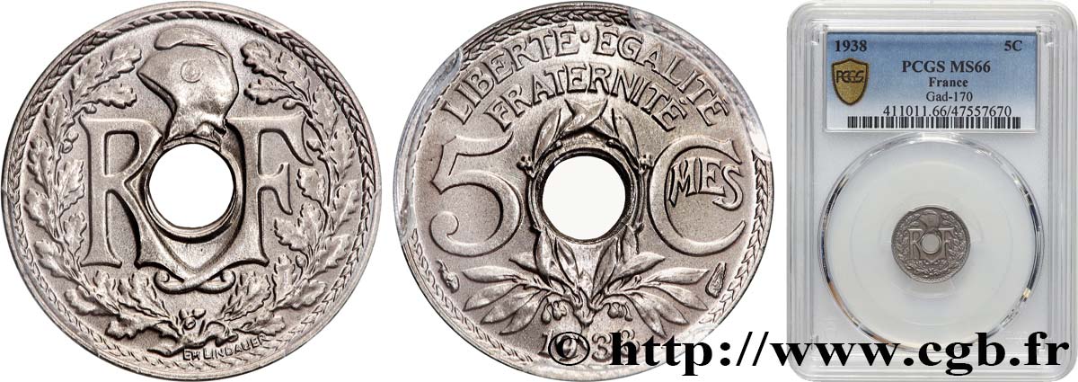 5 centimes Lindauer, petit module 1938 Paris F.122/21 MS66 PCGS
