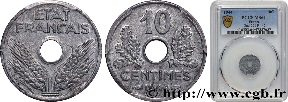 10 centimes État français, petit module 1944  F.142/3 fST64 PCGS