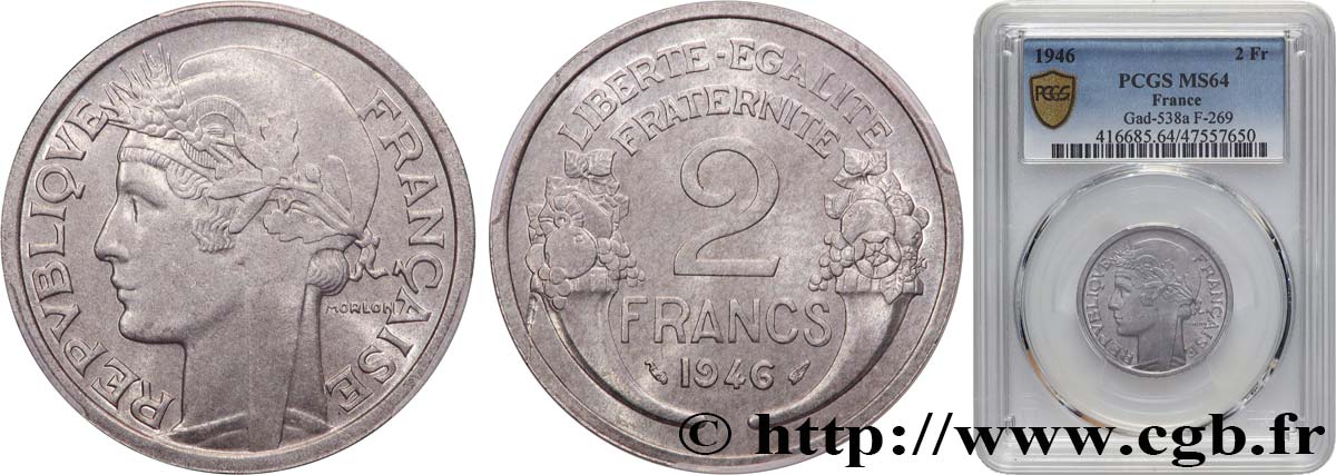 2 francs Morlon, aluminium 1946  F.269/8 MS64 PCGS