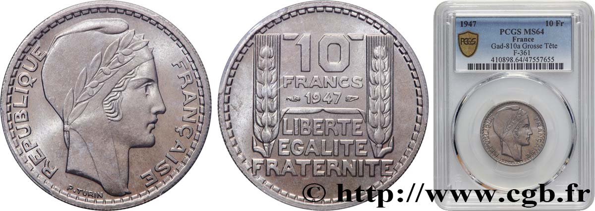 10 francs Turin, grosse tête, rameaux courts 1947  F.361A/4 fST64 PCGS