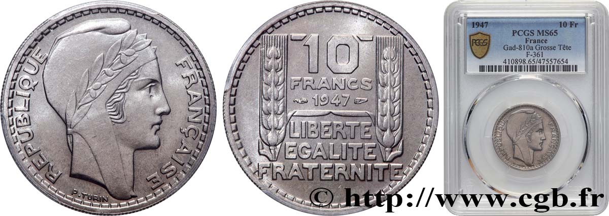 10 francs Turin, grosse tête, rameaux courts 1947  F.361A/4 MS65 PCGS