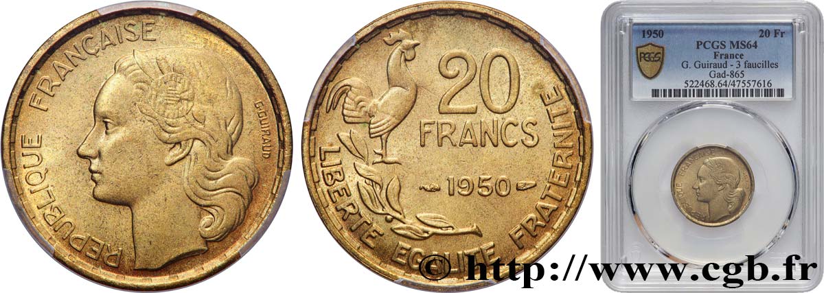 20 francs G. Guiraud, 3 faucilles 1950  F.402/2 SPL64 PCGS