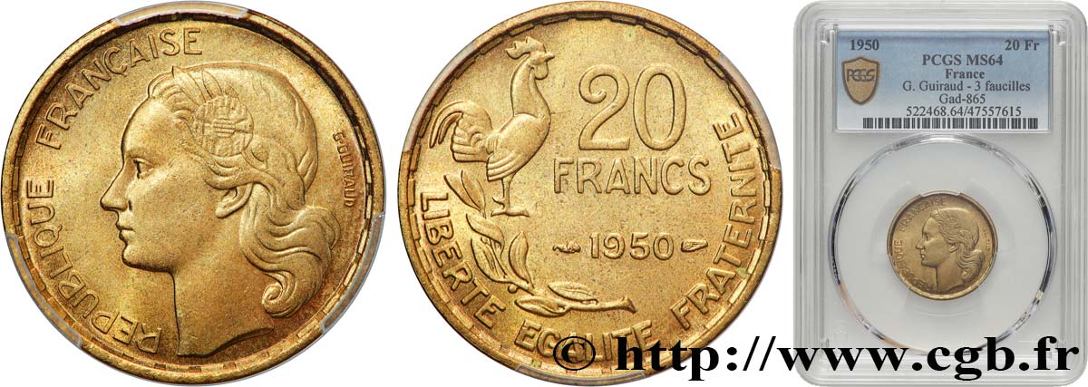 20 francs G. Guiraud, 3 faucilles 1950  F.402/2 MS64 PCGS