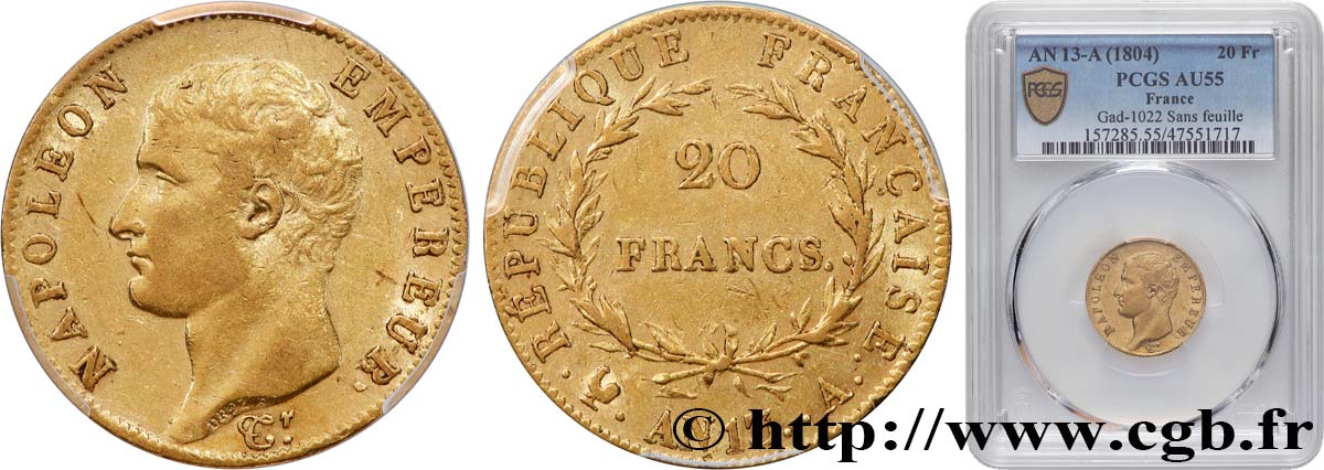 20 francs or Napoléon tête nue, Calendrier révolutionnaire 1805 Paris F.512/1 AU55 PCGS