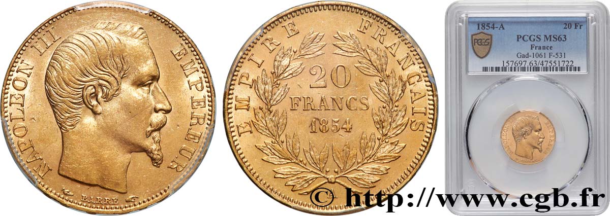 20 francs or Napoléon III, tête nue 1854 Paris F.531/2 MS63 PCGS