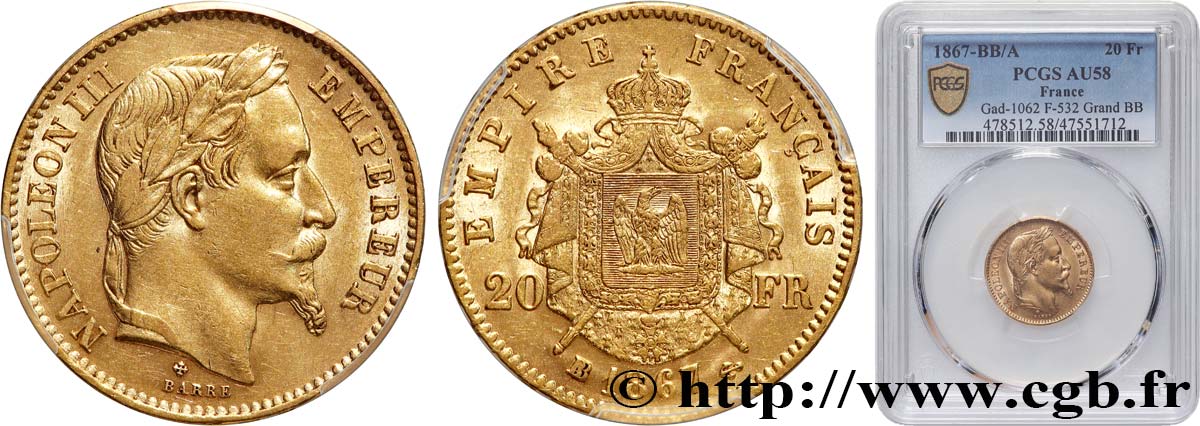 20 francs or Napoléon III, tête laurée, Grand BB 1867 Strasbourg F.532/17 AU58 PCGS