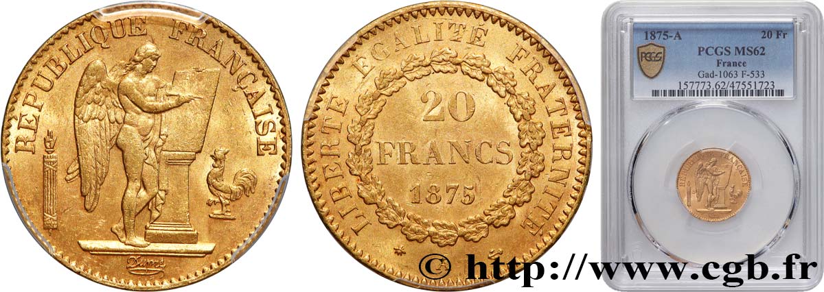 20 francs or Génie, Troisième République 1875 Paris F.533/3 SPL62 PCGS
