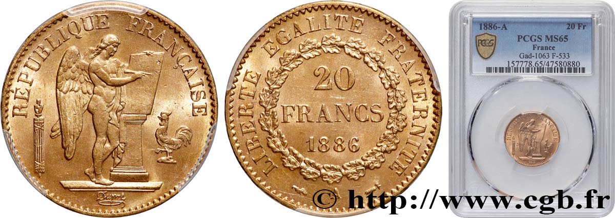20 francs or Génie, IIIe République 1886 Paris F.533/9 MS65 PCGS