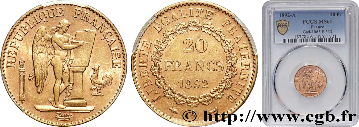 20 francs or Génie, Troisième République 1892 Paris F.533/16 SUP61 PCGS