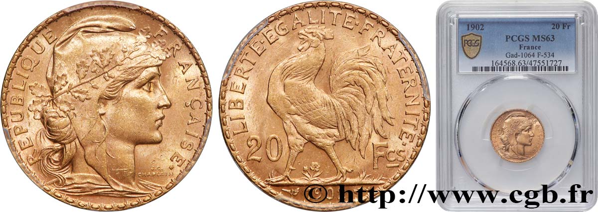 20 francs or Coq, Dieu protège la France 1902 Paris F.534/7 fST63 PCGS