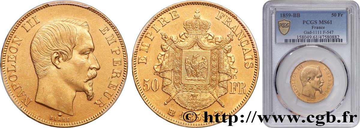 50 francs or Napoléon III, tête nue 1859 Strasbourg F.547/8 MS61 PCGS