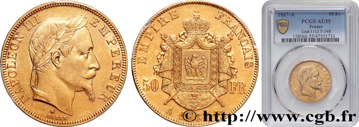 50 francs or Napoléon III, tête laurée 1867 Paris F.548/8 SUP55 PCGS
