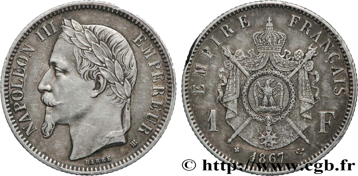 1 franc Napoléon III, tête laurée 1867 Strasbourg F.215/7 TTB+ 