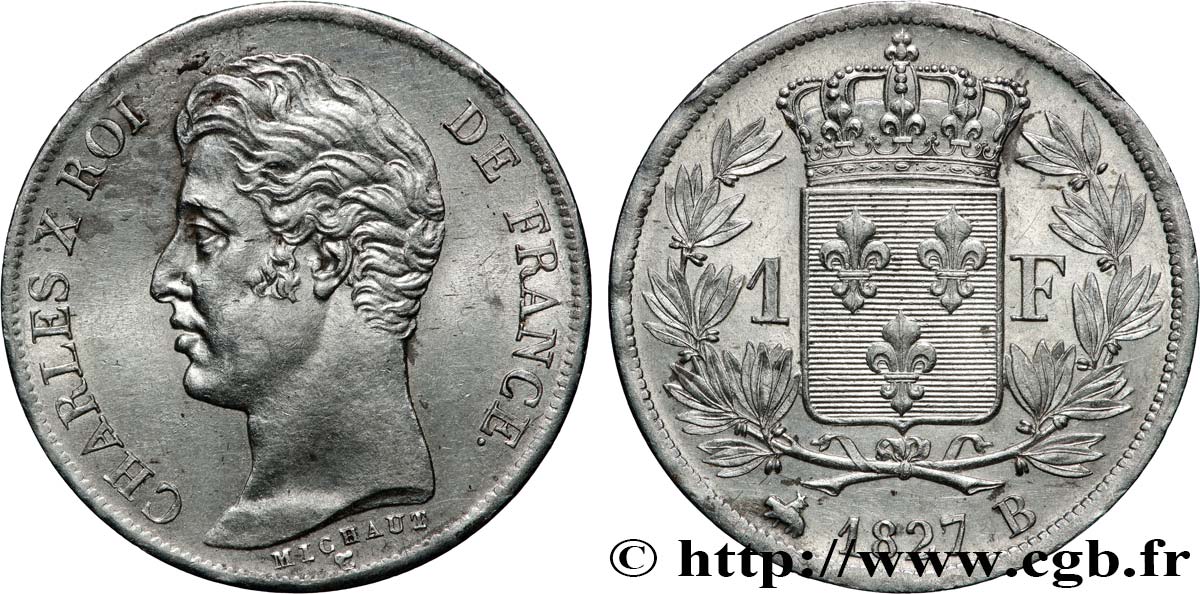 1 franc Charles X, matrice du revers à cinq feuilles 1827 Rouen F.207/26 EBC+ 
