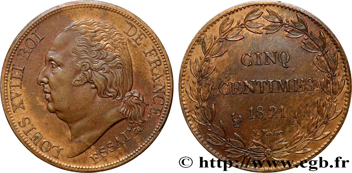 Essai de Cinq centimes en bronze, tranche guillochée 1821 Paris VG.2534  SUP60 