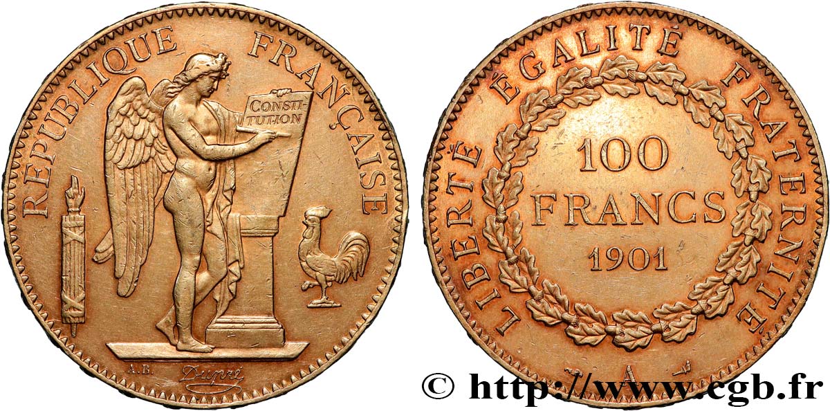 100 francs or Génie, tranche inscrite en relief Dieu protège la France 1901 Paris F.552/14 MBC+ 