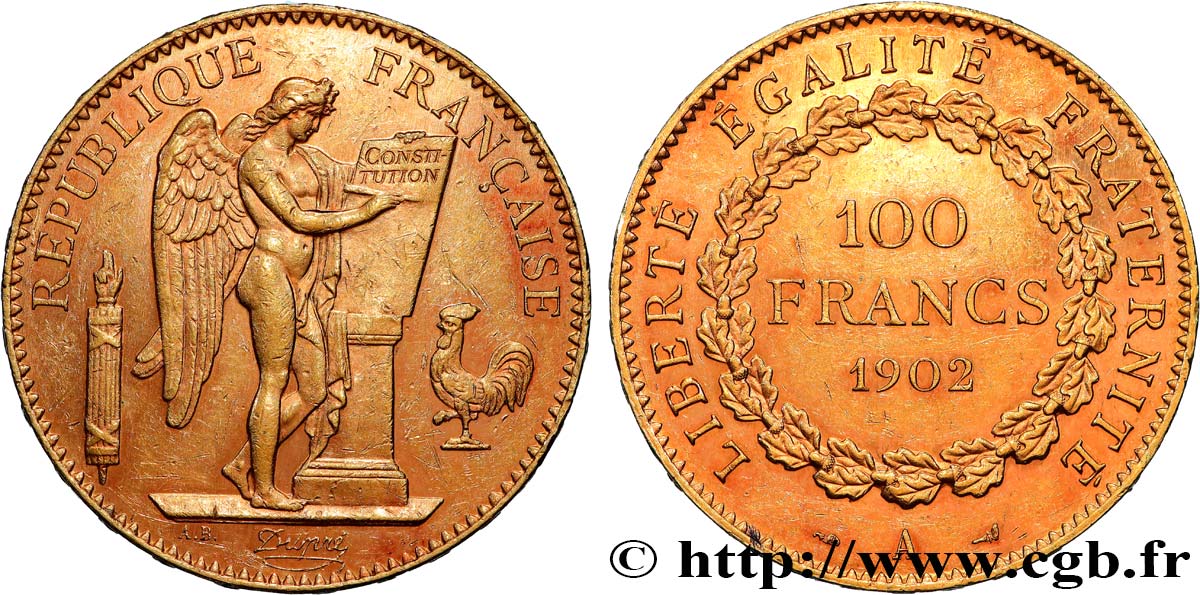 100 francs or Génie, tranche inscrite en relief Dieu protège la France 1902 Paris F.552/15 AU 