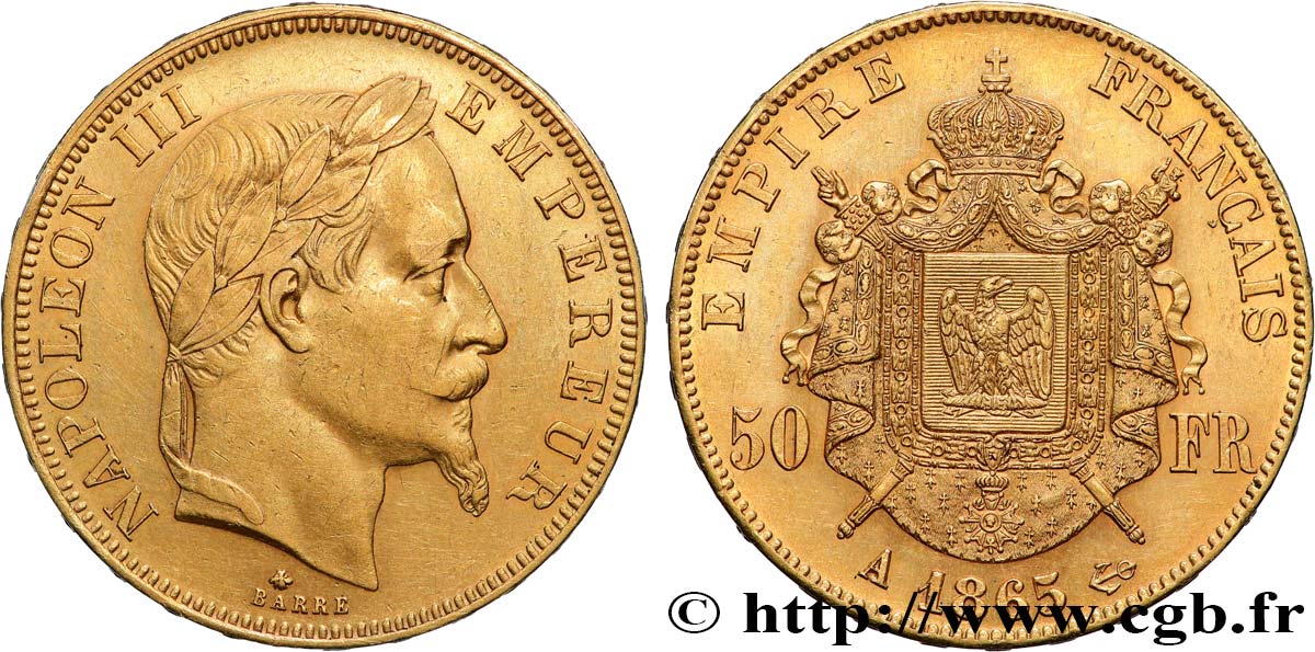50 francs or Napoléon III, tête laurée 1865 Paris F.548/5 SUP55 