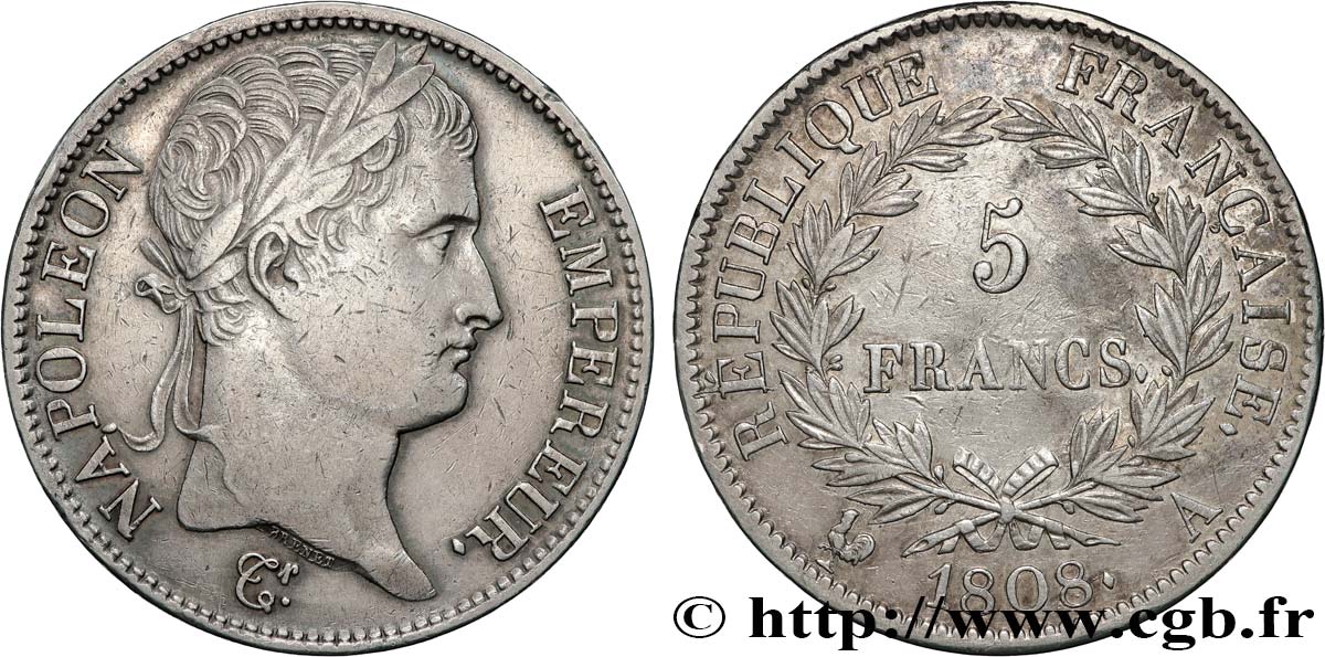 5 francs Napoléon Empereur, République française 1808 Paris F.306/2 TTB 