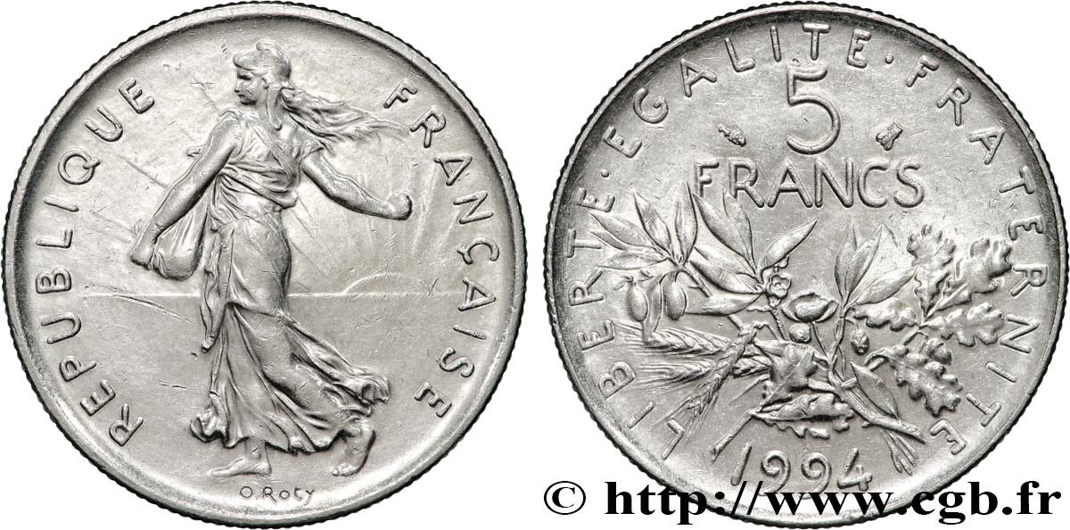 5 francs Semeuse, nickel, différent dauphin 1994 Pessac F.341/29 MS63 