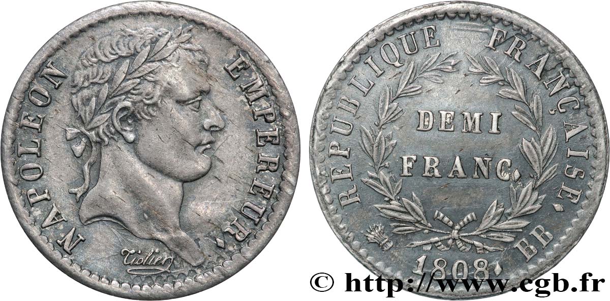 Demi-franc Napoléon Ier tête laurée, République française, buste fin 1808 Strasbourg F.177/4 AU 